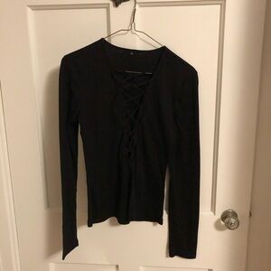 Black long sleeve t shirt with lace up front